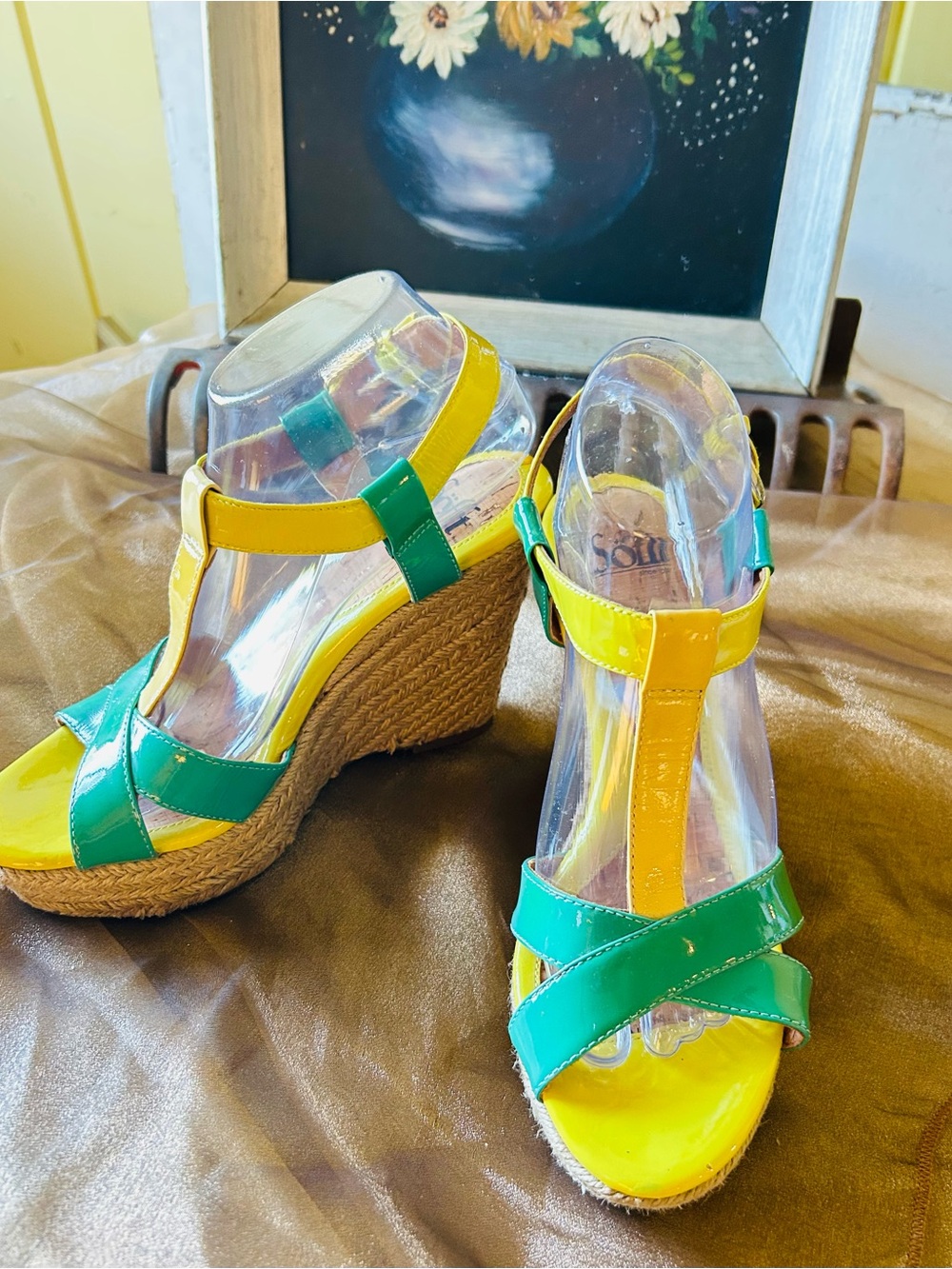 Sofft Yellow and Green Patent Wedge Sandals